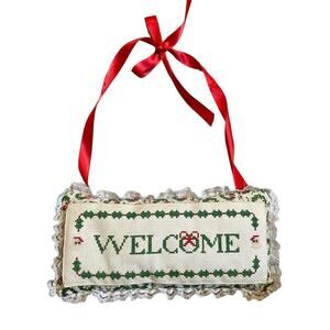 Vintage Christmas Welcome cross stitch pillow wall hanging